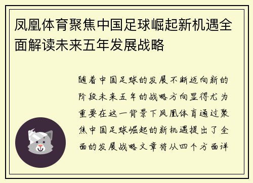 凤凰体育聚焦中国足球崛起新机遇全面解读未来五年发展战略